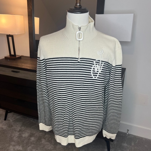 JW Anderson Logo-Embroidered Striped Ribbed Merino Wool Half-Zip Sweater.  - Picture 1 of 3